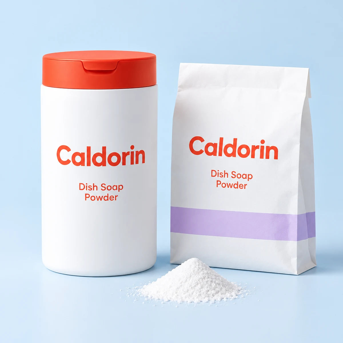Caldorin Dish Soap Powder Starter Set in a clean pale-blue and lilac studio setting