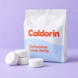 Caldorin Dishwasher Detergent Tablet Refills in a clean pale-blue and lilac studio setting