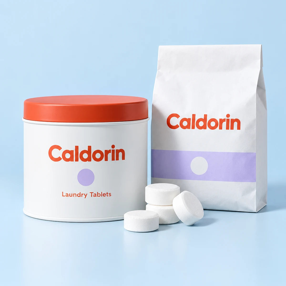 Caldorin Laundry Detergent Starter Set in a clean pale-blue and lilac studio setting