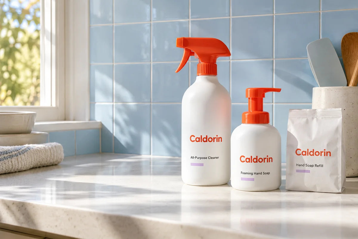 Caldorin cleaning and hand soap essentials on a sunlit pale-blue kitchen counter