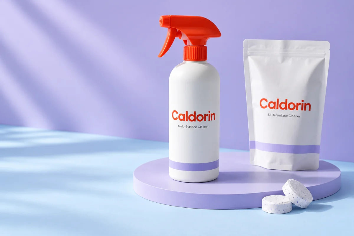 Caldorin reusable cleaner bottle and compact refills on a lilac platform against an ice-blue background
